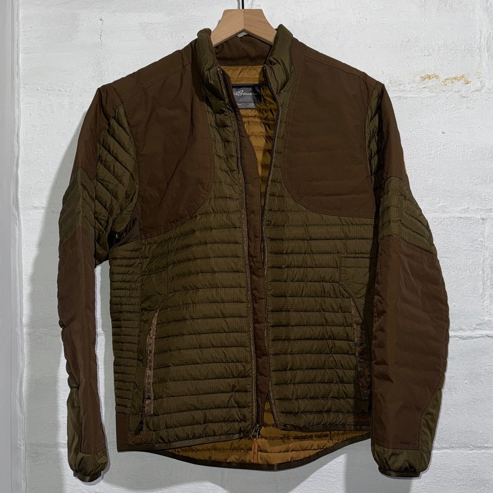 Eddie Bauer Men's Quilted Hybrid Stormdown 700 Jacket in Olive Brown